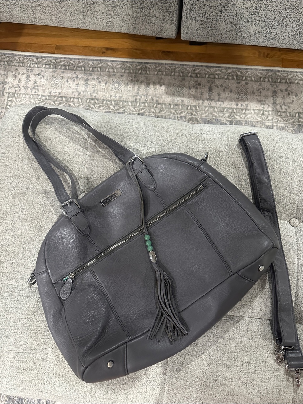 Lily Jade Rosie Gray Leather Baby Bag Tote with Tassel Accent
